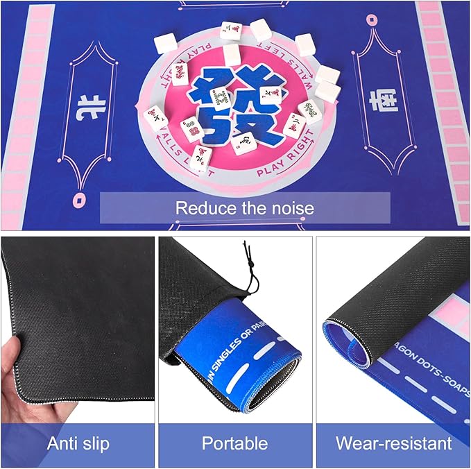 Blue Mahjong Learning Mat (33” x 33”) with Black Carrying Bag, Anti-Slip, Noise-Reducing Table Mat for Mahjong, Board Games, Tile Games and Card Games