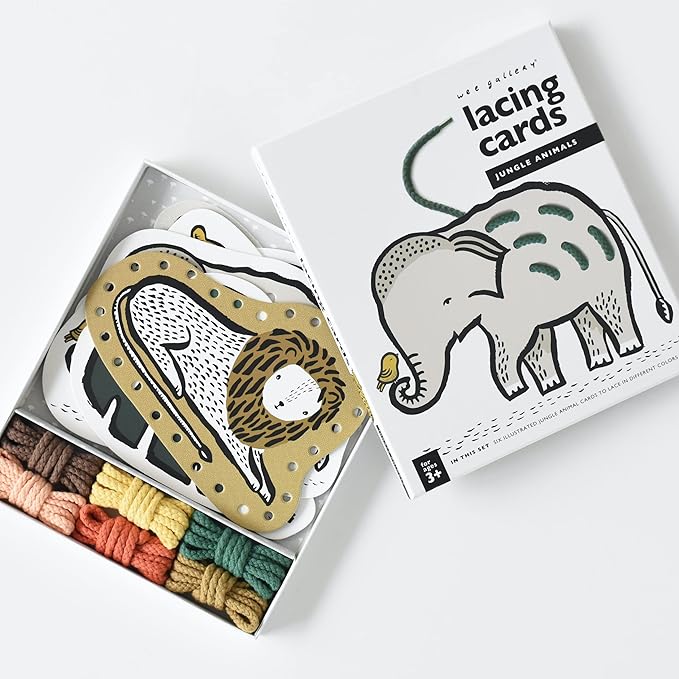 Wee Gallery Jungle Animals Lacing Cards for Toddlers, Sewing Board, Preschool Toys, Montessori Learning Activity for Kids, Learn Motor Skills, Colors, Travel Game, with Soy Inks (Ages 3 4 5 Years +)