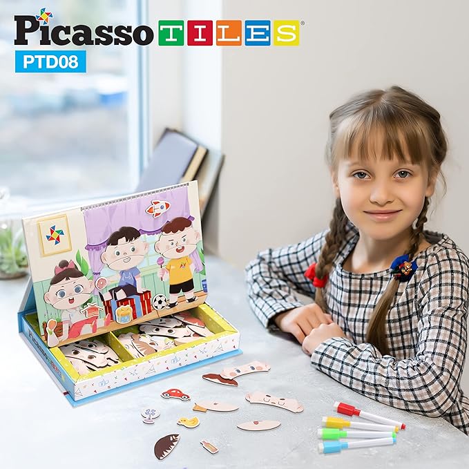 PicassoTiles 108pcs Reusable Magnetic Face Sticker Puzzle Book Drawing Board Set for Kids,Educational and Learning Activity Books, Toys & Activity, STEM Learning Toys, Early Education Toys,Gifts Boys