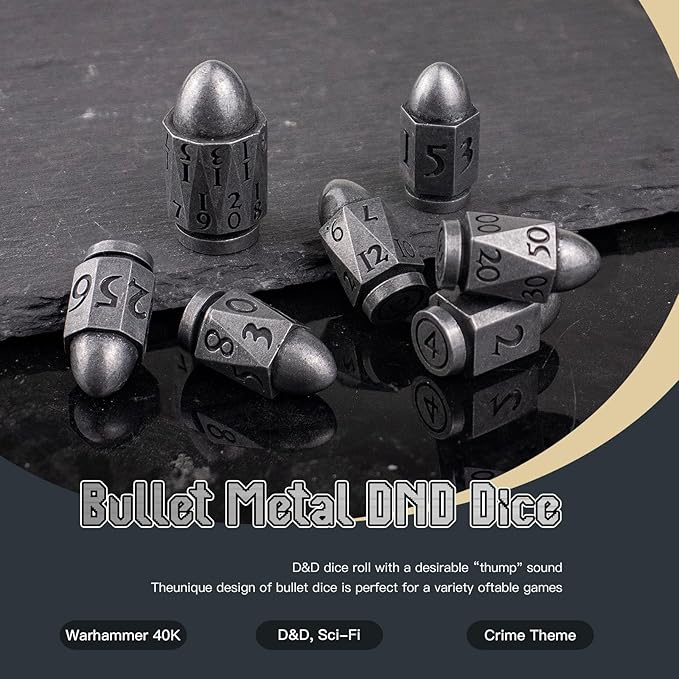 Bullet Dice Set - 36MM Large D20 for Dungeons and Dragons, 7PC Role Playing Game Dice With Cyberpunk Theme for Warhammer War Crime (Antique Silver)