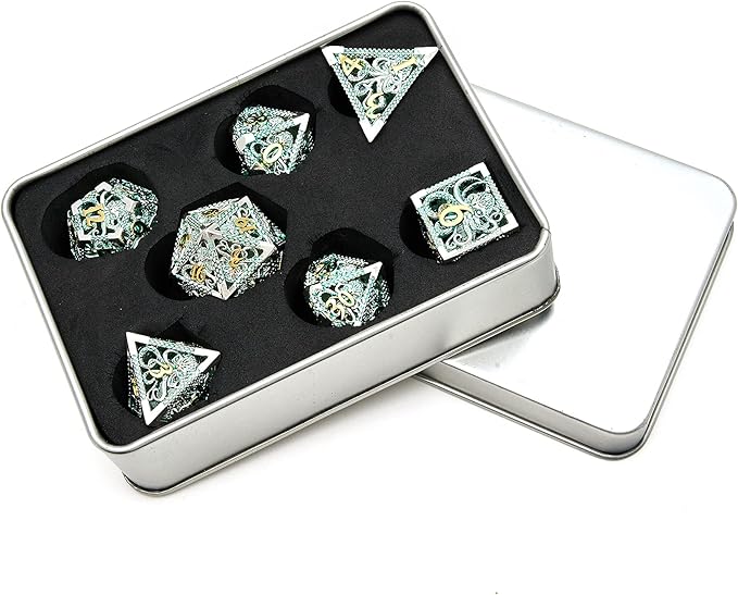 Hollow Metal DND Game Dice Green 7Pcs Set for Dungeons and Dragons RPG MTG Table Games D&D Pathfinder Shadowrun and Math Teaching