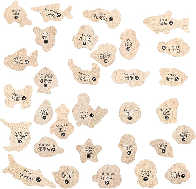 ONEST 34 Pieces Magnetic Fishing Game for Kids Wooden Magnet Fishing Game Wooden Magnetic Toys for Kindergarten Preschool Girl Boy