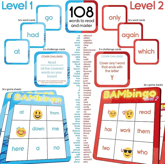 Sight Word Bingo Game Level 1 and 2 - Educational Games for Kids - Learn to Read Vocabulary for Kindergarten 1st Grade - Dolch's Fry's Words Lists