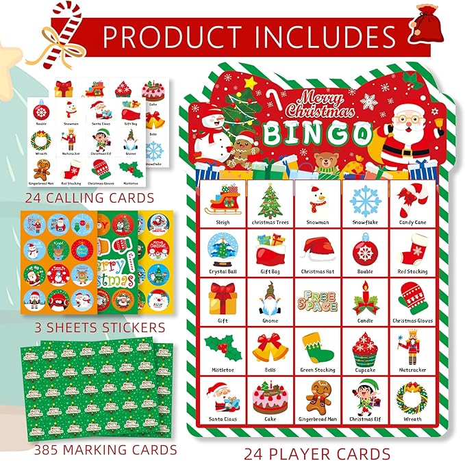 Funnlot Christmas Bingo Game for Kids, Christmas Games Christmas Crafts Christmas Activities with Reward Stickers for Kids Large Group Classroom Family Party Xmas