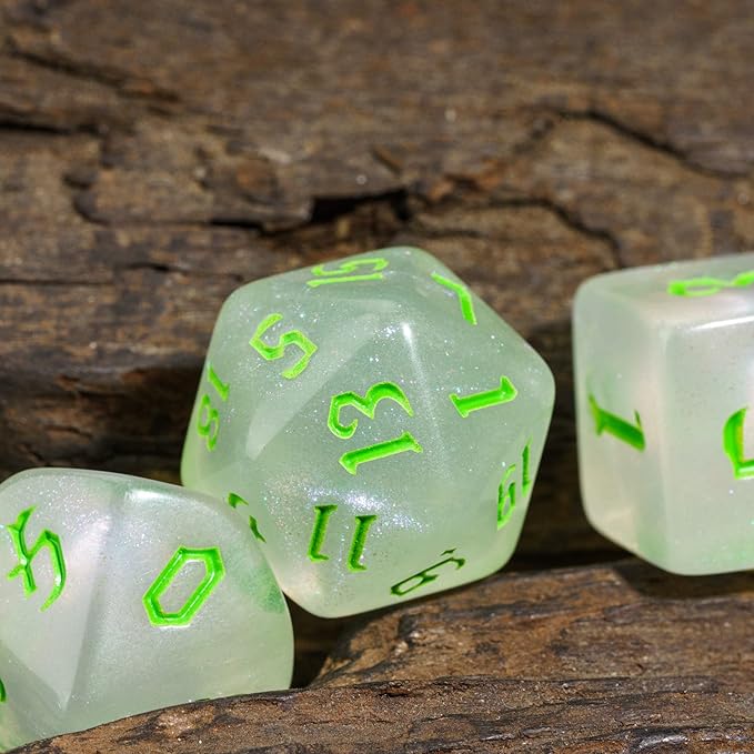 7-Die DND Dice Set Polyhedral Dice Set with a Leather Dice Bag, D&D Dice Set for Dungeons and Dragons, RPG, MTG Table Games (White/Glitter)