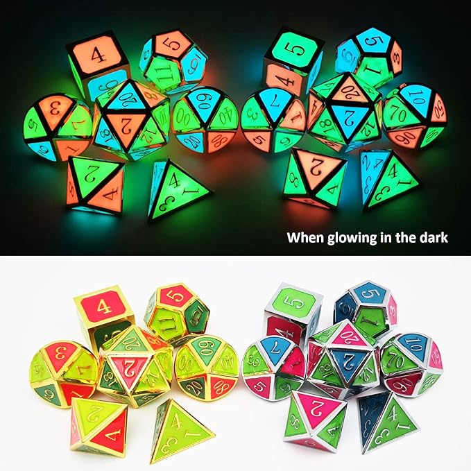 Haxtec Glow in The Dark Glowing Blue Red Green Silver Metal Dice Set D&D 7PCS DND Dice Set for Dungeons and Dragons RPG Games-Silver Glowing Blue Green Red