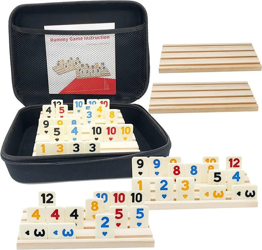 Rummy Game with 6 Wooden Racks/Trays, Rummy Cube with Portable Case 160 Tiles Travel Set with 6 Tiles Holders, Okey Game for 2-6 (Rummy Cube 6 Player Edition)