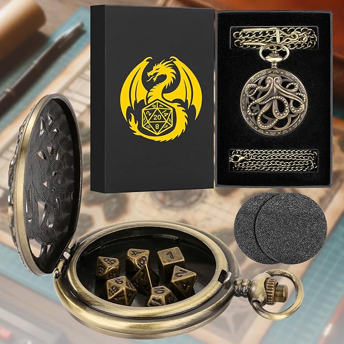 Mini DND Dice Set Steampunk Hollow Octopus Pocket Watch Shell Case, 7pcs Polyhedral Metal D&D Dice Set, DND Gifts with Gift Box for Player, Role Playing Board Games Accessories, Bronze
