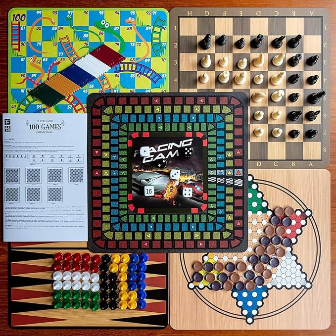 Classic Games, Enjoy 100 Different Games, Includes 5 Double-Sided Playing Boards, Fun for Children and Adults, For Ages 3 and up