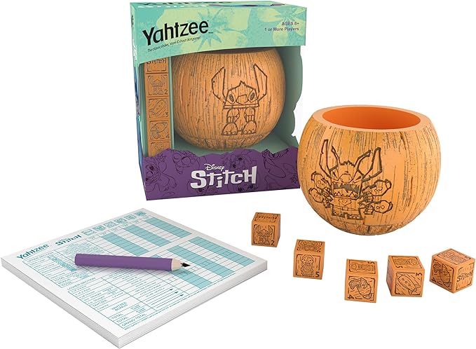 USAOPOLY YAHTZEE: Disney Stitch, Collectible Tiki Style Dice Cup, Classic Dice Game Based on Disney’s Lilo & Stitch, Great for Family Night, Officially Licensed Disney Game & Merchandise