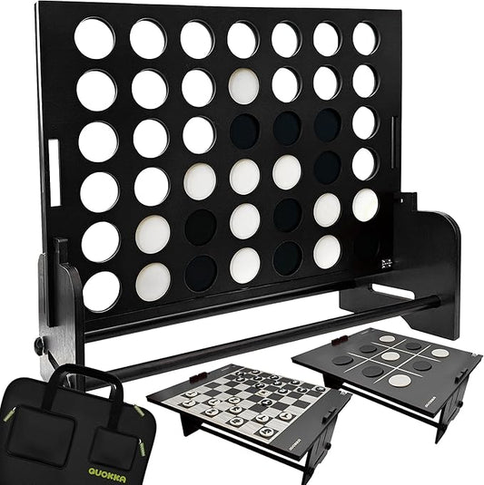 QUOKKA Giant Black Four in a Row Connect Game 4-in-1 SUPERSET -Wooden Jumbo Family Friends Game for Adults| Backyard Family Party | Big Chess & Checkers | Indoor Game| Wooden Tic Tac Toe | All Weather