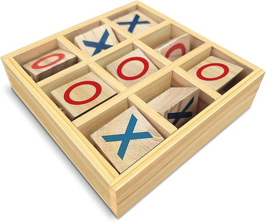 Gamie Wooden Tic-Tac-Toe Game, Small Classic Wood Travel Game for Kids with Fixed Spinning Pieces, Fun Indoor Night Activity for Boys and Girls