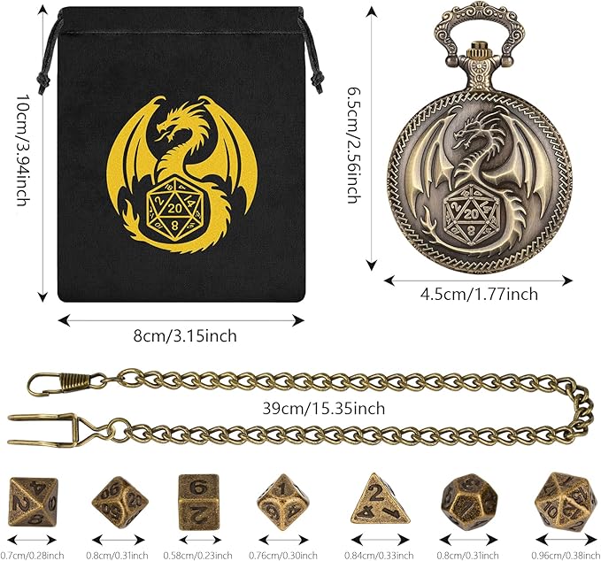 Mini DND Dice Set with Steampunk Dragon Pocket Watch Case, Tiny 7-Piece Polyhedral Metal D&D Dice, DND Gifts with Dragon Logo Gift Bag, Role Playing Game Board Game Accessories Dice, Bronze