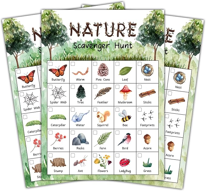 Nature Scavenger Treasure Hunt Games Cards for Friends and Family, Outdoor Scavenger Hunts, Trip Family Holiday Party Games, Find and Seek Camping Game Set -01