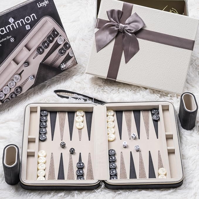 Backgammon Sets for Adults, Classic Board Game with Folding Leather Backgammon Case, Portable Travel Backgammon Game Set (Black)