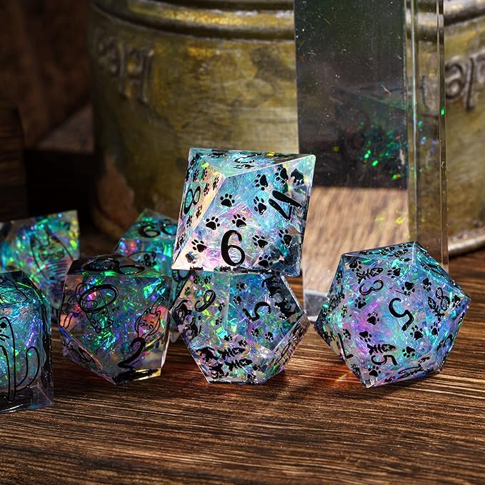 Cusdie 7-Die Sharp Edges DND Dice Set, Cat Pattern Polyhedral D&D Dice Set for DND Dungeons and Dragons TTRPG Role Playing Games