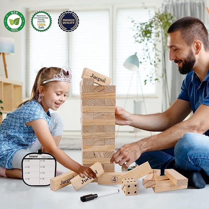 Juegoal 54 Pieces Giant Tumble Tower Blocks Game Giant Wood Stacking Game with 1 Dice Set Canvas Bag for Adult, Kids, Family