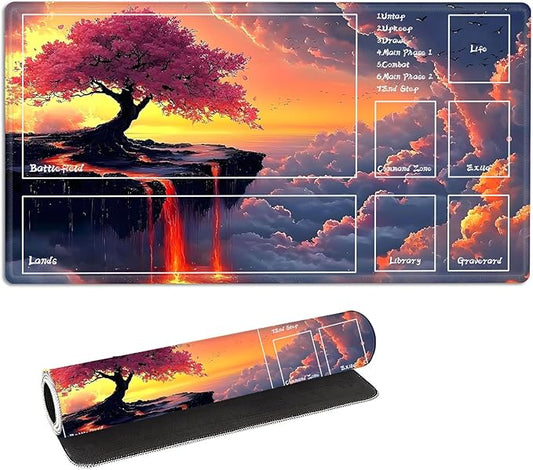 for MTG Playmat with Zones Storage Bag,for TCG Playmat and Playing Card Mat for Magic Board Games, Cherry Tree Non Slip Stitched Edges Game Mat, Rollable Foldable Card Playmats