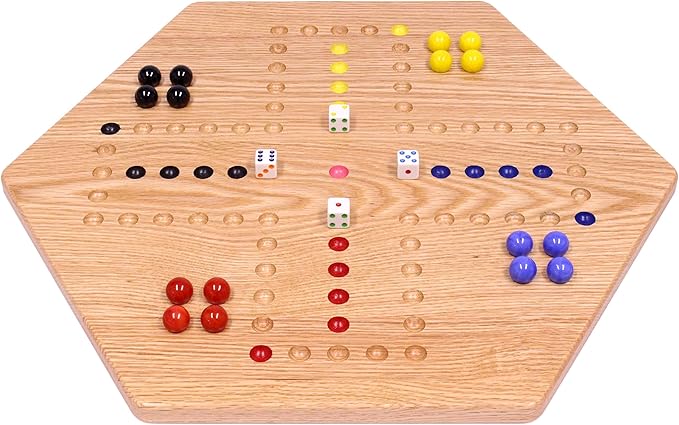AmishToyBox.com Wahoo Marble Game Board Set - 20" Wide - Solid Oak Wood - Double-Sided - with Large 18mm Marbles and Dice Included
