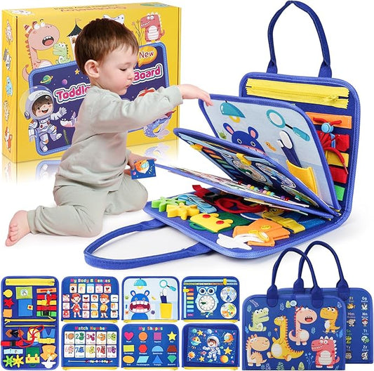 Montessori Busy Board Boy, Toddler Toys for 1 2 3+ Year Old Boy, Toddler Busy Book Educational Learning Sensory Activity Toys for Road Airplane Travel Toys for Kids with Autism