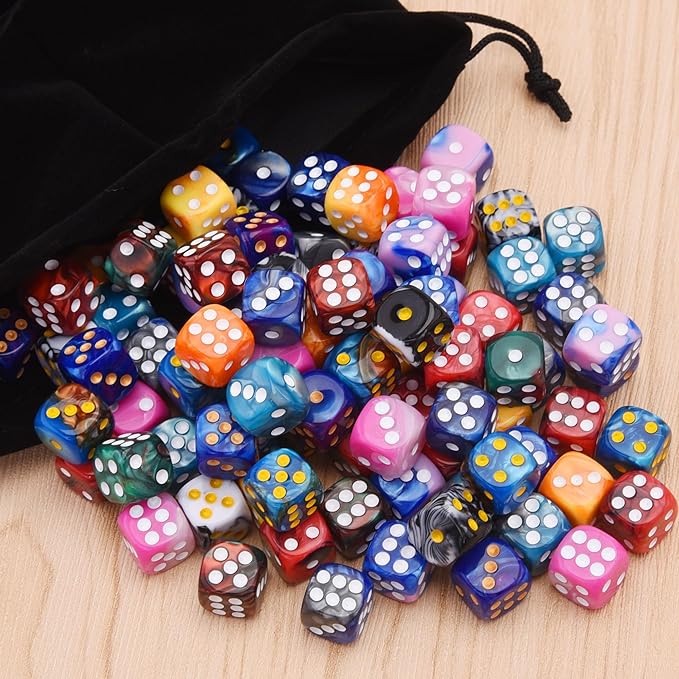 AUSTOR 100 Pieces 12mm Dice 6 Sided Game Dice Two Tone Round Corner Dices Tiny Dice for Tenzi, Farkle, Yahtzee, Bunco or Teaching Math with a Drawstring Storage Bag