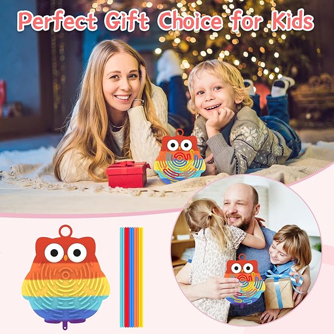 Silicone Sensory Activity Board,Double-Sided Busy Board for Fine Motor Skill,Fidget Toy for Calming, Stress, Anxiety, ADHD, Autism, Silent, No Mess, Kids 3+ & Adults(Owl,Colorful)