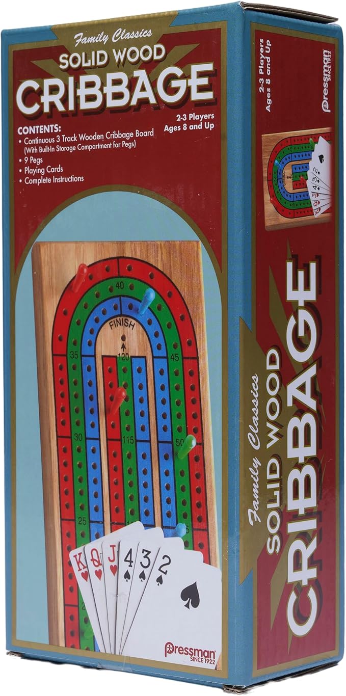 Family Classics Cribbage - Solid Wood Continuous 3 Track Board with Built-In Storage Compartment for Pegs