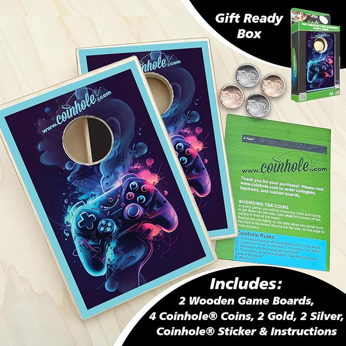 Desktop Coin Bouncing Party Set | Tabletop Cornhole Board | Small Travel Game Includes Coins