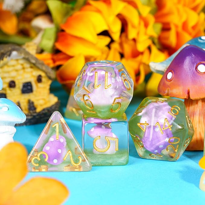 UDIXI Mushroom DND Dice Set, 7 Piece D&D Polyhedral RPG Dice for Dungeons and Dragons Role Playing Game and Other Tabletop Games (Purple)