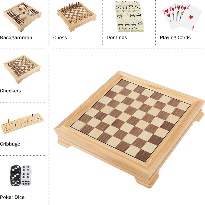 Board Game Set - Deluxe 7-in-1 Classic Board Games for All Ages - Wood Game Center with Storage - Chess, Backgammon, Dominos, Checkers, Dice Set, Cribbage Board, and Playing Cards by Trademark Games