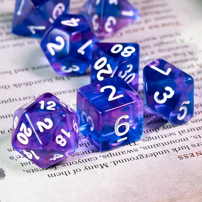 7-Die DND Dice Set Polyhedral Dice Set with a Leather Dice Bag, D&D Dice Set for Dungeons and Dragons, RPG, MTG Table Games (T/Purple Blue)