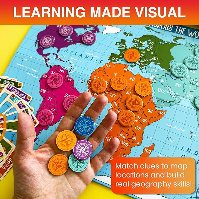 QUOKKA World Map Geography Game for Kids Ages 8-12 and Families – Learn Capitals, Flags, Facts, and Map Locations with 195 Country Cards, Chips, Board & Coin – Fun World Learning Game