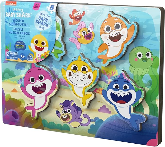 Spin Master Games, Pinkfong Baby Shark Chunky Musical Wooden Sound Puzzle, Plays Baby Shark Song, Kids Puzzle, Easy Activity Toy for Preschoolers, for Kids & Family, 5 Pieces, for Ages 3 & Up