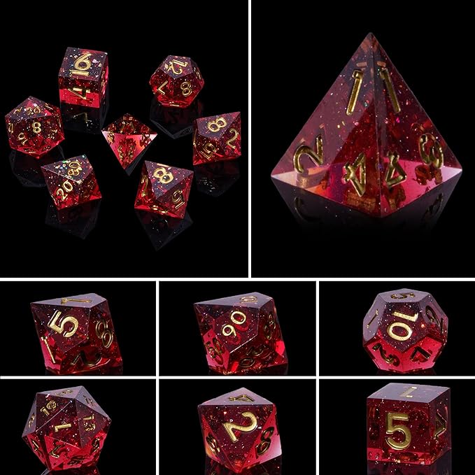 7PCS DND Dice Set,Transparent Deep Red with Gold Foil D&D Dice for Dungeons and Dragons TTRPG Games Roleplaying Games Pathfinder,with Gift Box.