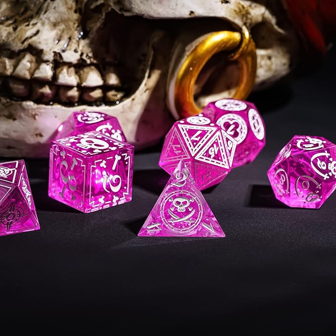 Cusdie 7-Piece Sharp Edges DND Dice Set with Pirate Design - Perfect for Tabletop RPGs Board Games Gifting and Collecting(Rose Red w/White Pirate Pattern)