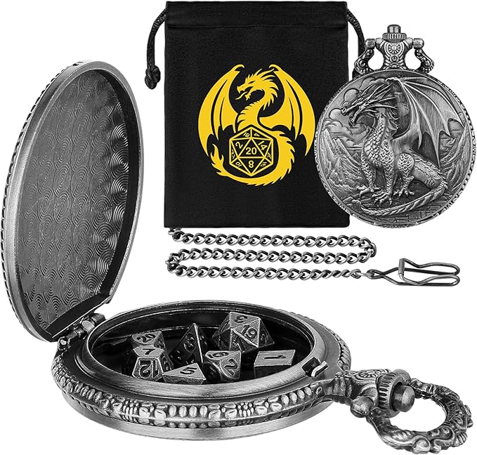 Mini DND Dice Set with Steampunk Dragon Pocket Watch Shell Case, 7pcs Polyhedral Metal DND Dice Set, DND Starter Set, D&D Gifts with Dragon Logo Gift Bag, Role Playing Board Games Accessories, Silver