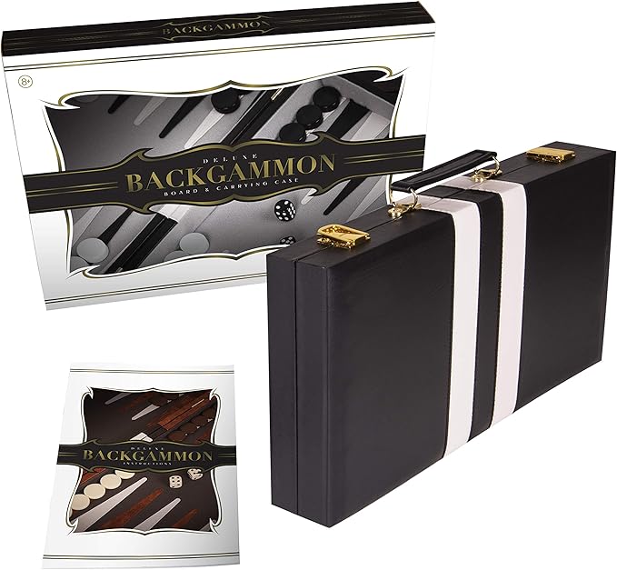 Backgammon Set 15 inch, Medium - Classic Board Game for Adults and Kids with Premium Leather Case - Includes Strategy & Tip Guide (Black)