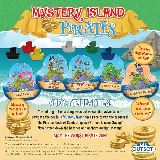 Mystery Island Pirates - Tile Game, by Outset Media, A Wild & Wacky Race for Treasure, Build Your Own Game, Two Games in One Box, Perfect for Family Game Night & Children, for 2-6 Players, Ages 5+
