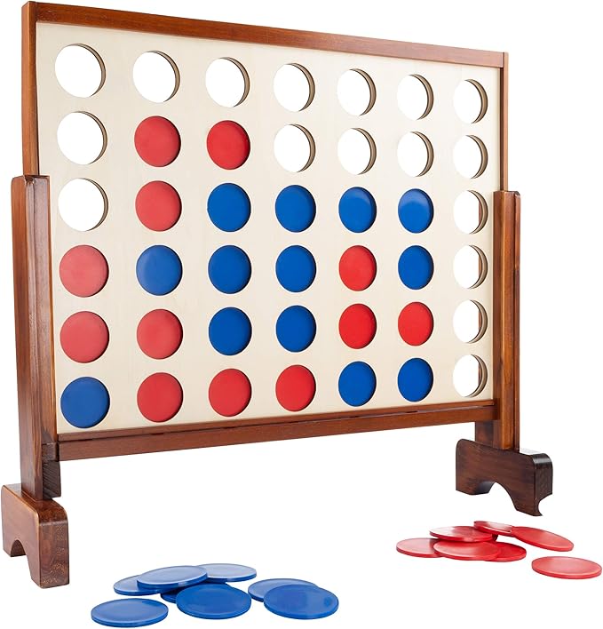 Hey! Play! 4-in-A-Row-Giant Classic Wooden Game for Indoor and Outdoor Play-2 Player Strategy and Skill Fun Backyard Lawn Toy for Kids and Adults