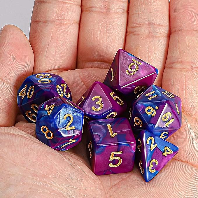 7pcs/Set D4 D6 D8 D10 D12 D20 Dichromatic Polyhedral Dices for Beginner Role Playing Game D&D Dice Set Party Table Board Game Supplies，with A Silver Pouch(BluePurple)