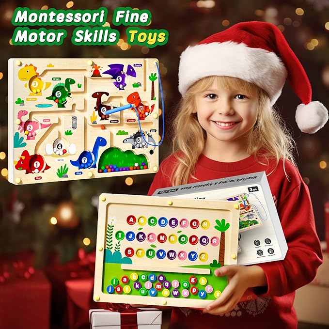 2 in 1 Magnetic Color and Number Maze Double-Sided ABC Alphabet Board Magenet Dinosaur Maze Preschool Montessori Education Toys (Dinosaur, Wood)