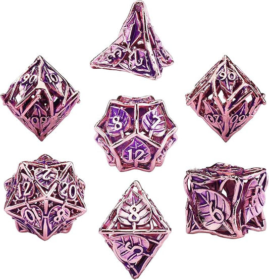 AUSTOR Metal Maple Leaf DND Dice Set 7 Pieces Hollow Polyhedral Dice D20 D12 D10 D% D8 D6 D4 Copper Dice with Metal Box for Dungeons & Dragons RPG Board Games (Violet & Gold)