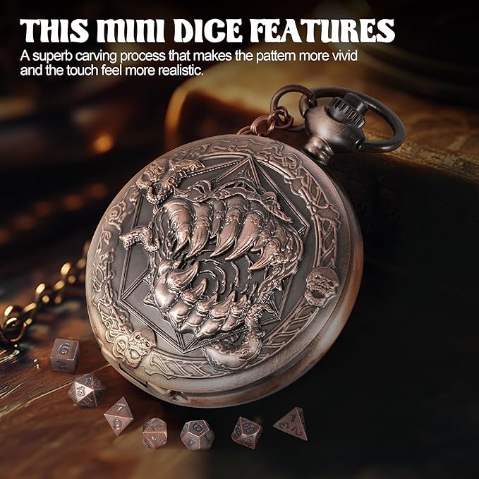 D&D Dice Set,7PCS Metal Dice for Dungeons and Dragons,Mini Dice Set with Pocket Watch Case,Role Playing Board Games Accessories (Monster, Copper)