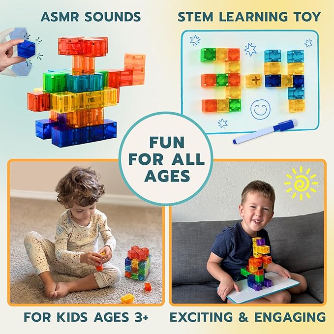 48pcs Magnetic Transparent Blocks, 1inch, 2-in-1 STEM Set with Board, Marker & Book, Educational Building Toy for Kids 3-5, Learning Building Magnet Toys, Magnetic Cubes for Kids Ages 4-8