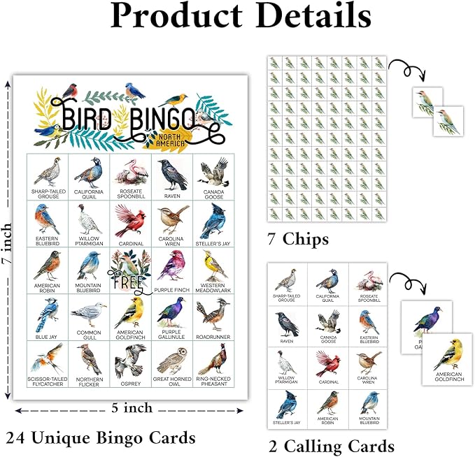 North America Birds Bingo Games, 24 Players Bingo Cards, Animals Party Activities for Family Friends, Card Gifts for Bird Lovers, Bird Party Game Bingo Supplies -04