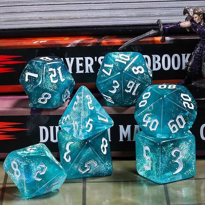CiaraQ DND Polyhedral Dice Set for Dungeons and Dragons RPG MTG Role Playing Table Games-with 1 Dice Pouch (Aquamarine + Glitter)