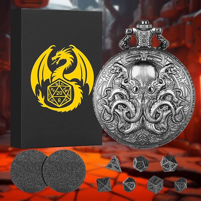 Mini DND Dice Set with Steampunk Double Eyed Octopus Pocket Watch Case, Tiny 7PCS Polyhedral Metal D&D Dice, DND Gifts with Gift Box, Role Playing Game Board Game Accessories Dice, Dark Silver