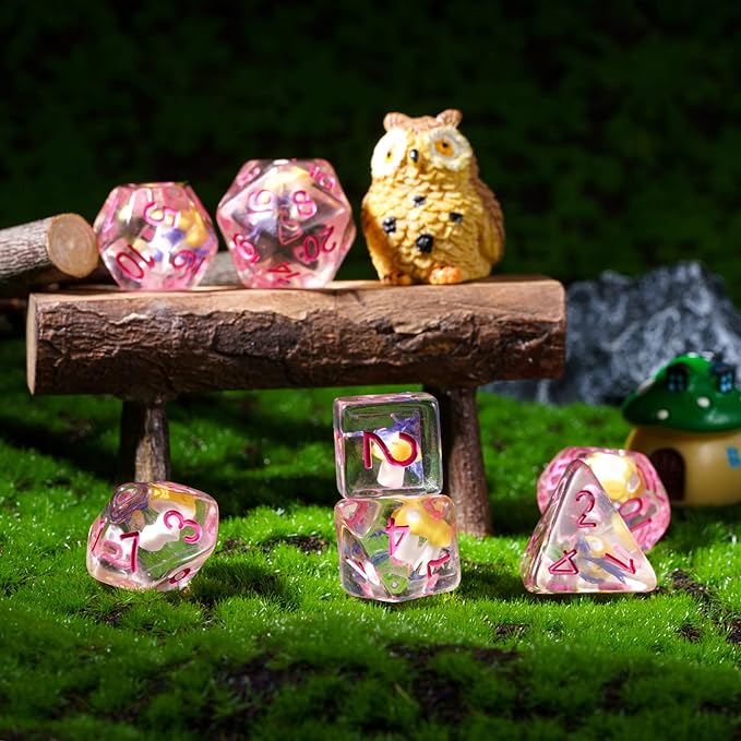 UDIXI 7PCS Polyhedral Dice Set, DND Dice Set Filled with Mushroom for Role Playing Games, D&D Dice for Dungeons and Dragons (Blue Flower)