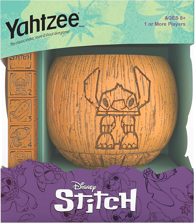 USAOPOLY YAHTZEE: Disney Stitch, Collectible Tiki Style Dice Cup, Classic Dice Game Based on Disney’s Lilo & Stitch, Great for Family Night, Officially Licensed Disney Game & Merchandise