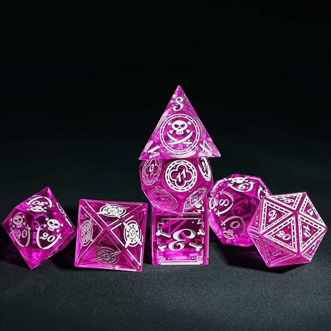 Cusdie 7-Piece Sharp Edges DND Dice Set with Pirate Design - Perfect for Tabletop RPGs Board Games Gifting and Collecting(Rose Red w/White Pirate Pattern)